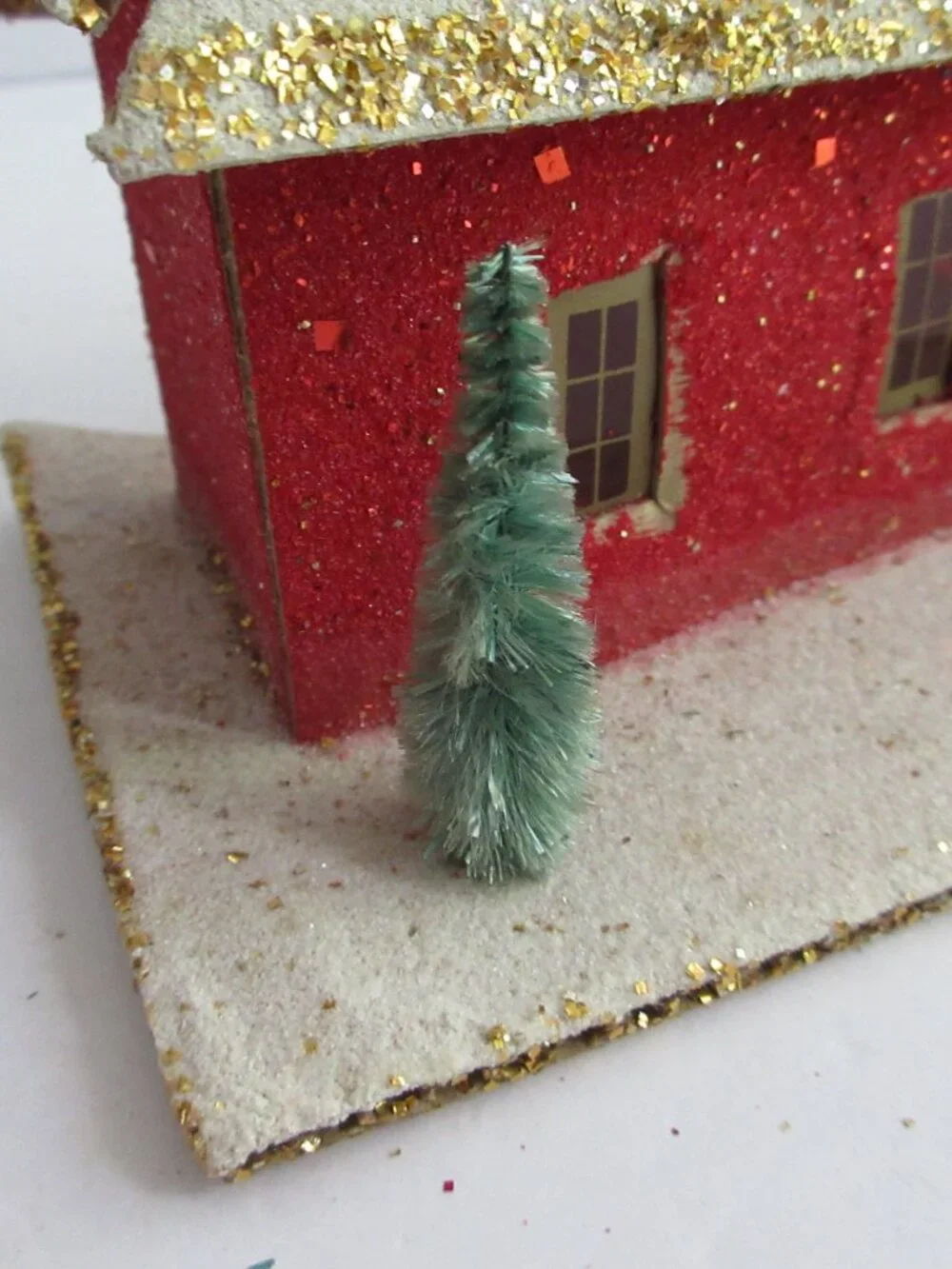 3 Putz Japan Cardboard Christmas Village Red Houses Church, Bottle Brush Trees